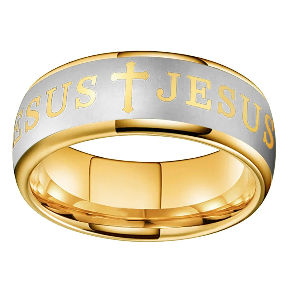 Christian Bible Cross Tungsten Ring - Jesus Prayer Band 