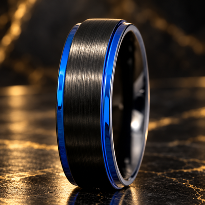 Black and Blue Tungsten Mens Ring