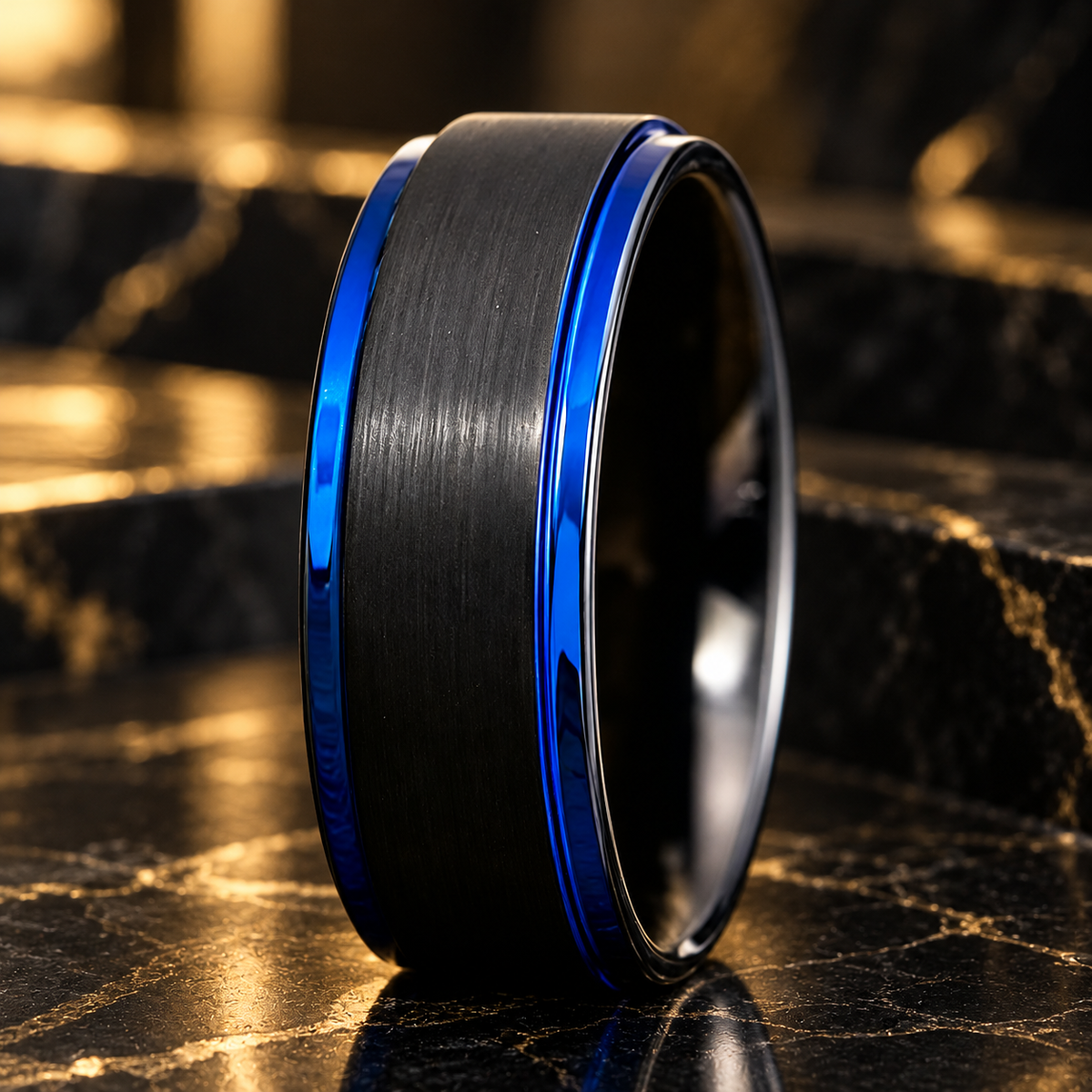 Black and Blue Tungsten Mens Ring