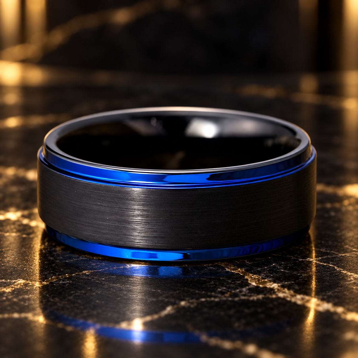Black and Blue Tungsten Mens Ring