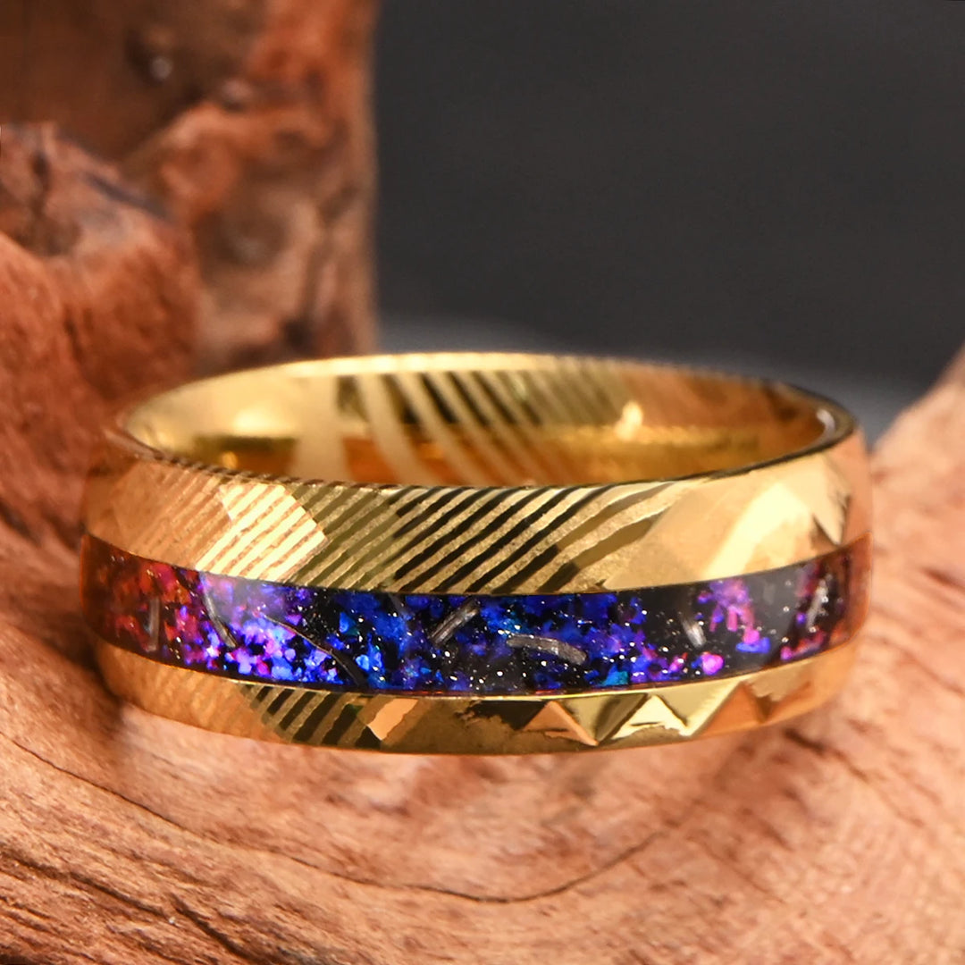 Damascus Steel Ring with Purple Amethyst