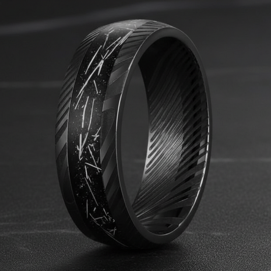 Damascus-Style Ring with Meteorite Inlay