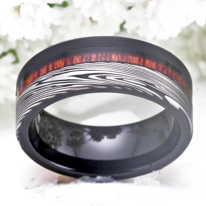 Damascus Steel Patteren Wood Inlay Tungsten Carbide ring