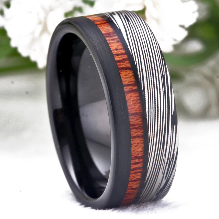 Damascus Steel Patteren Wood Inlay Tungsten Carbide ring