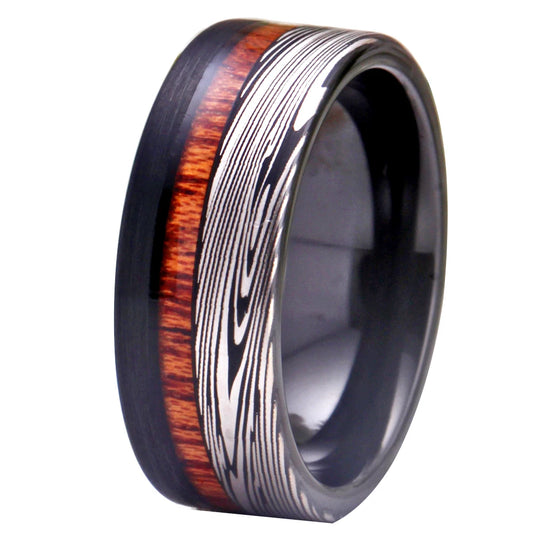 Damascus Steel Patteren Wood Inlay Tungsten Carbide ring