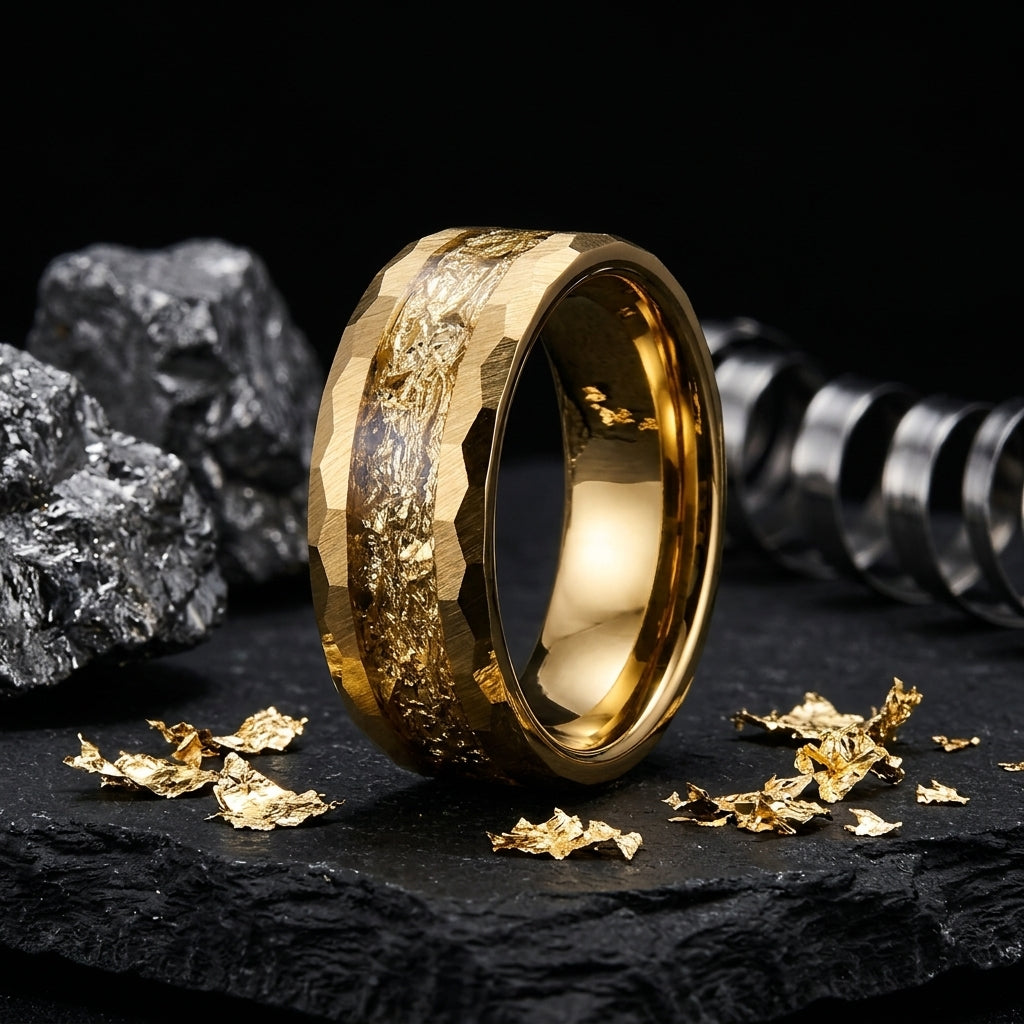 Damascus Steel Pattern Tungsten Ring with Opal & Gold Foil Inlay