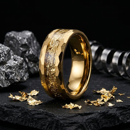 Damascus Steel Pattern Tungsten Ring with Opal & Gold Foil Inlay