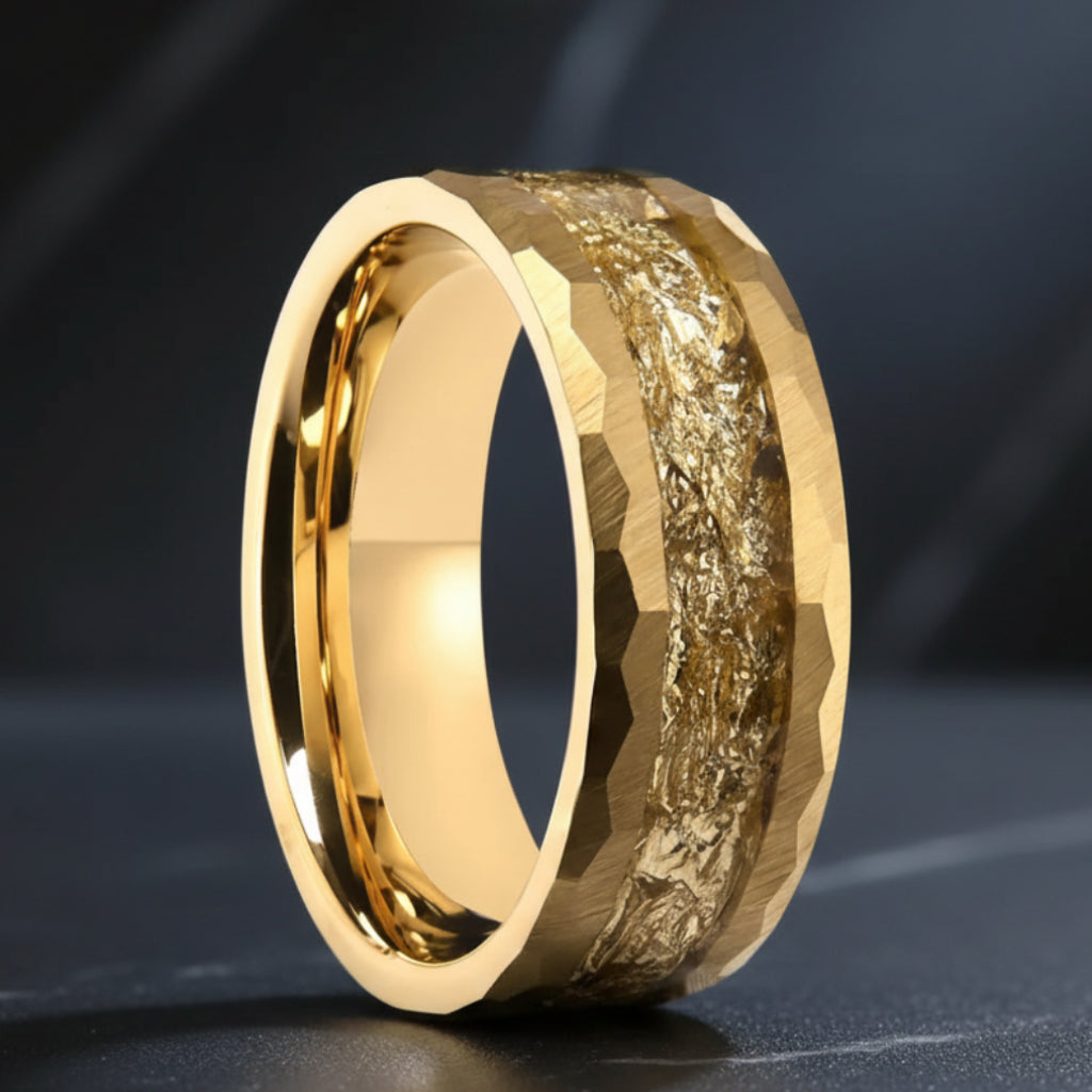The Crusader — Damascus Steel Pattern Tungsten Ring with Opal & Gold Foil Inlay