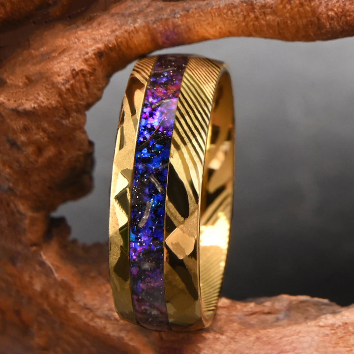 Damascus Steel Ring with Purple Amethyst