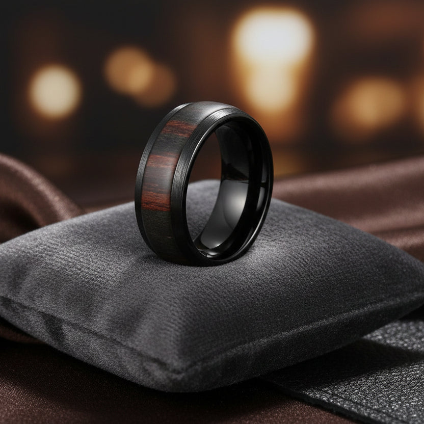 Dark Wood Inlay Black Tungsten Wedding Band