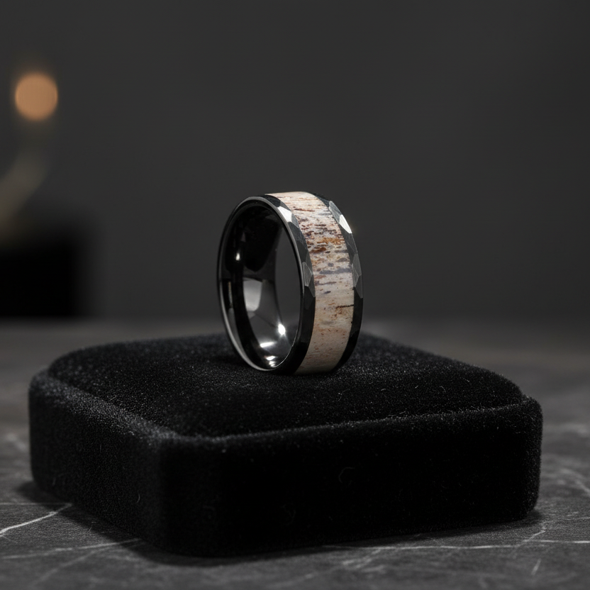 8mm_Deer_Antler_Tungsten_Ring_Hammered_Wedding_Band
