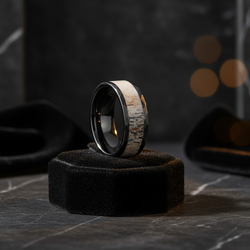 8mm_Deer_Antler_Tungsten_Ring_Hammered_Wedding_Band