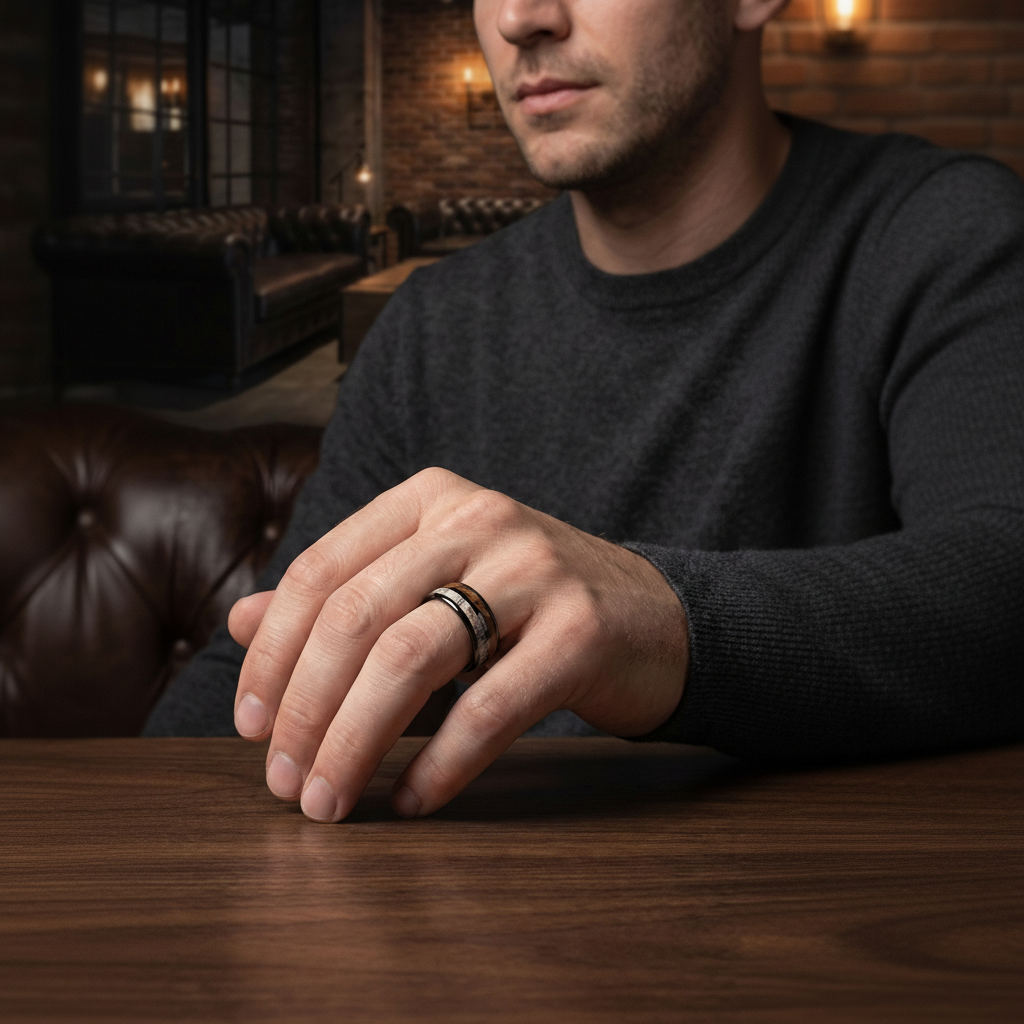 Deer Antler & Whiskey Wood Tungsten Wedding Band