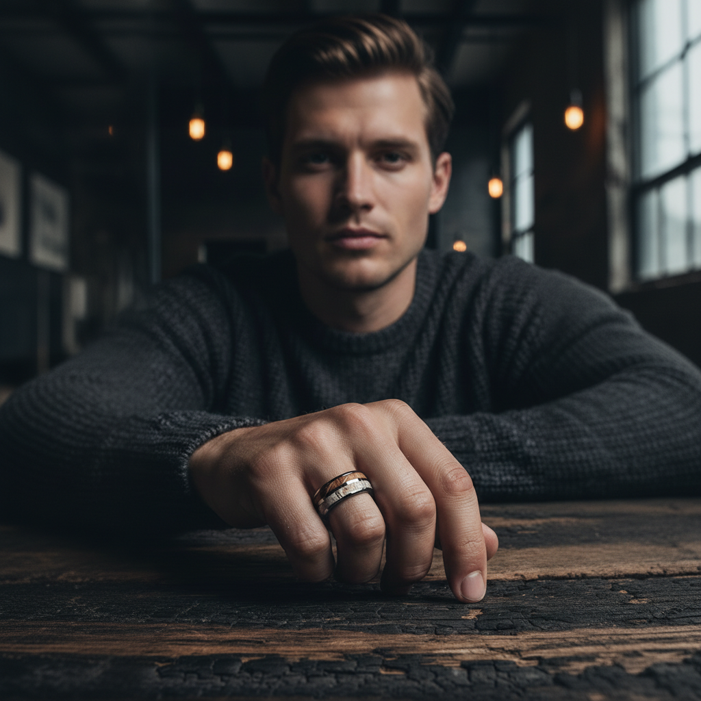 Deer Antler & Whiskey Wood Tungsten Wedding Band