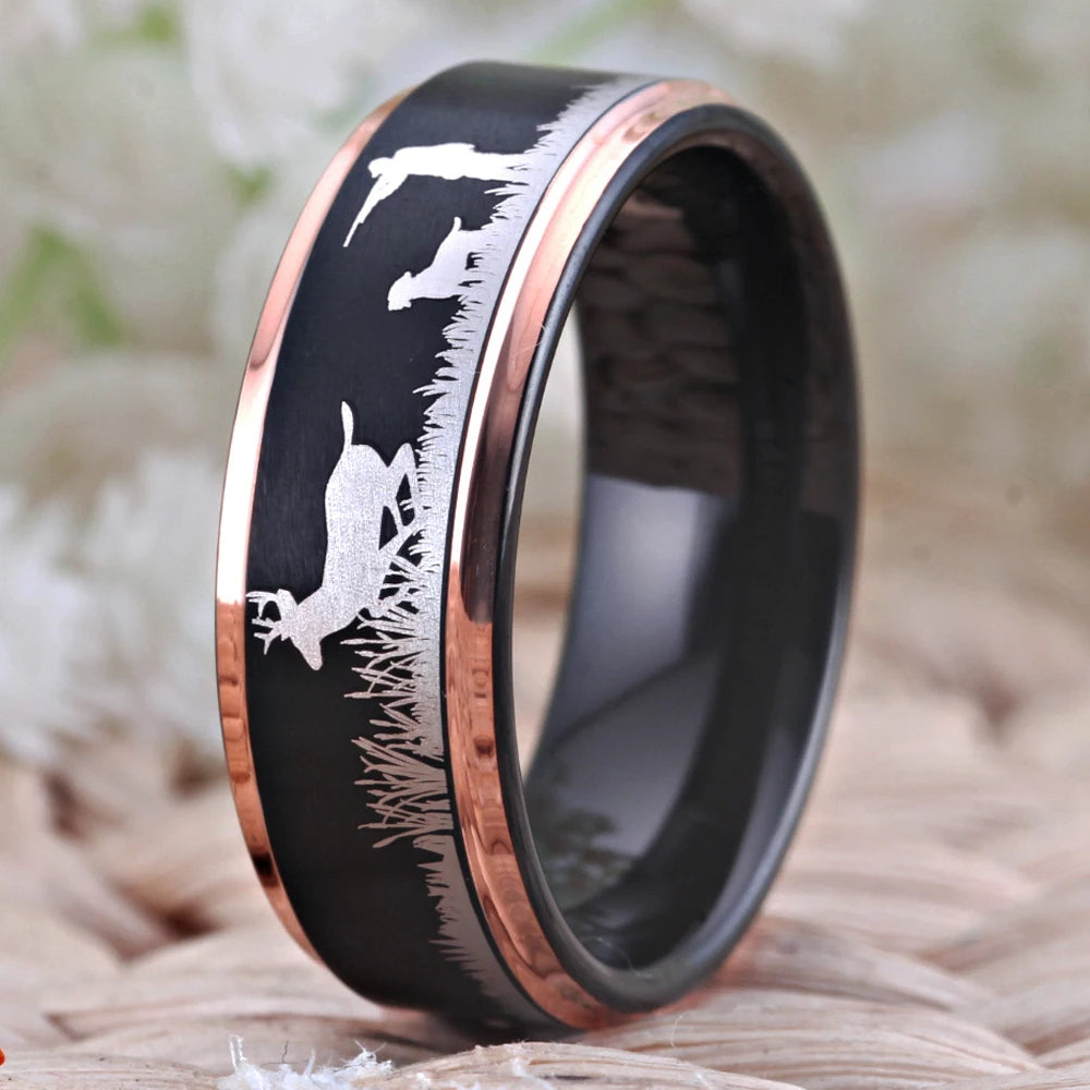 Deer Hunting Tungsten Ring – Scenic Outdoor Wedding Band for Men