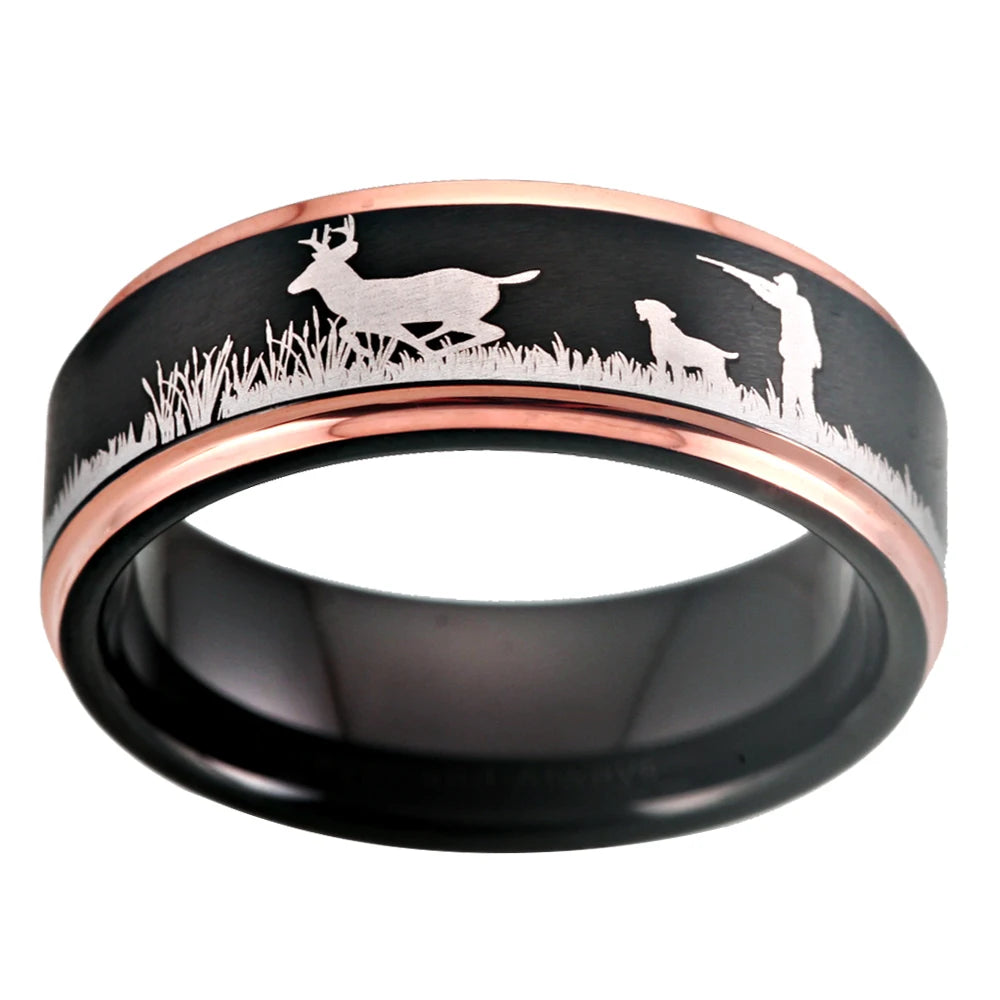 Deer Hunting Tungsten Ring – Scenic Outdoor Wedding Band for Men