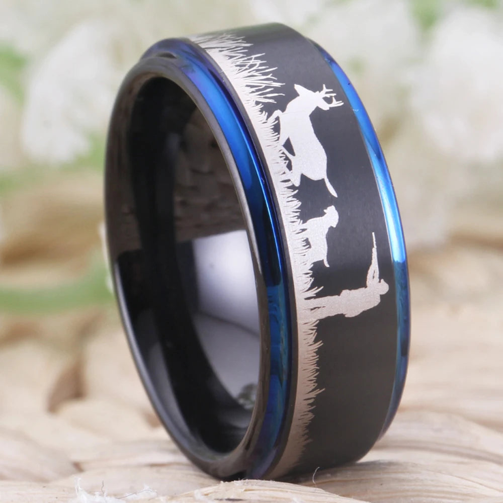 Deer Hunting Tungsten Ring – Scenic Outdoor Wedding Band for Men