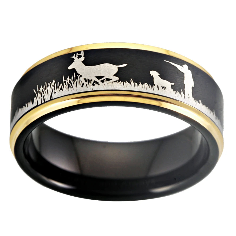 Deer Hunting Tungsten Ring – Scenic Outdoor Wedding Band for Men