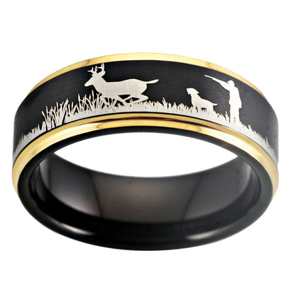 Deer Hunting Tungsten Ring – Scenic Outdoor Wedding Band for Men