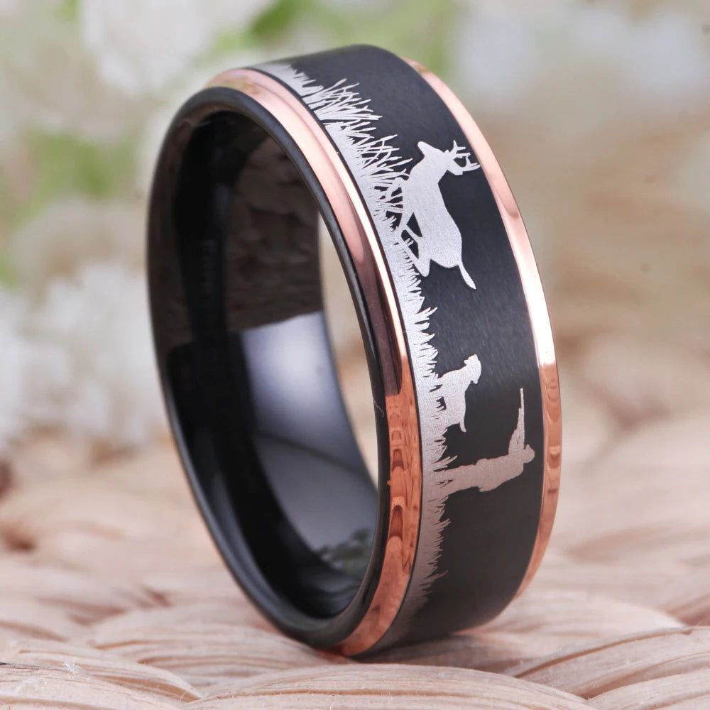 Deer Hunting Tungsten Ring – Scenic Outdoor Wedding Band for Men