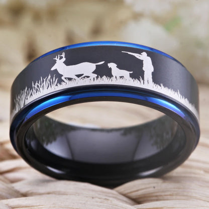 Deer Hunting Tungsten Ring – Scenic Outdoor Wedding Band for Men