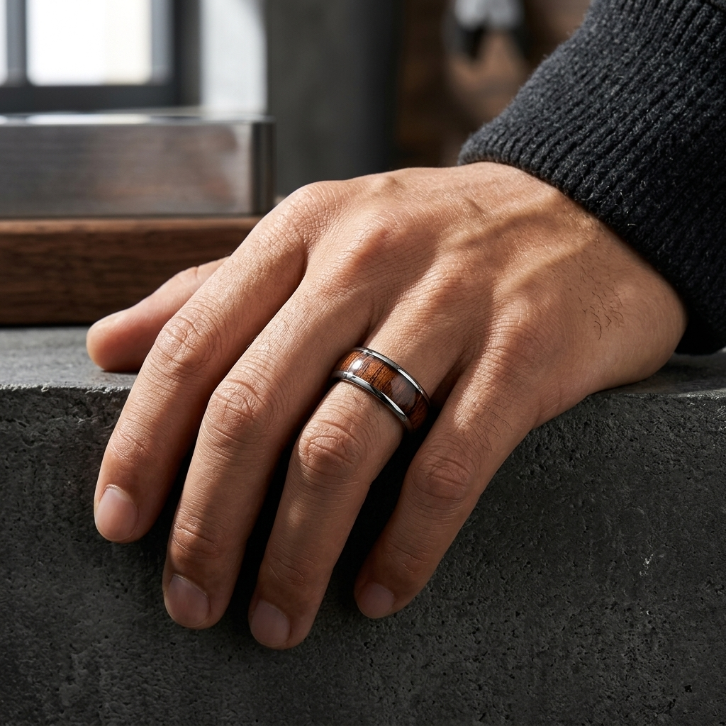 Domed Silver 8mm Tungsten Ring with Deep Redwood Inlay