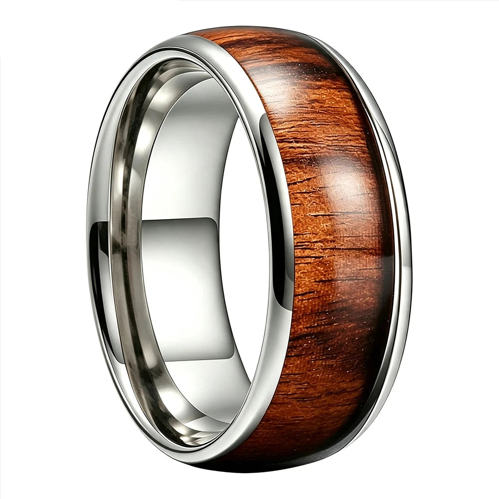 Domed Silver 8mm Tungsten Ring with Deep Redwood Inlay