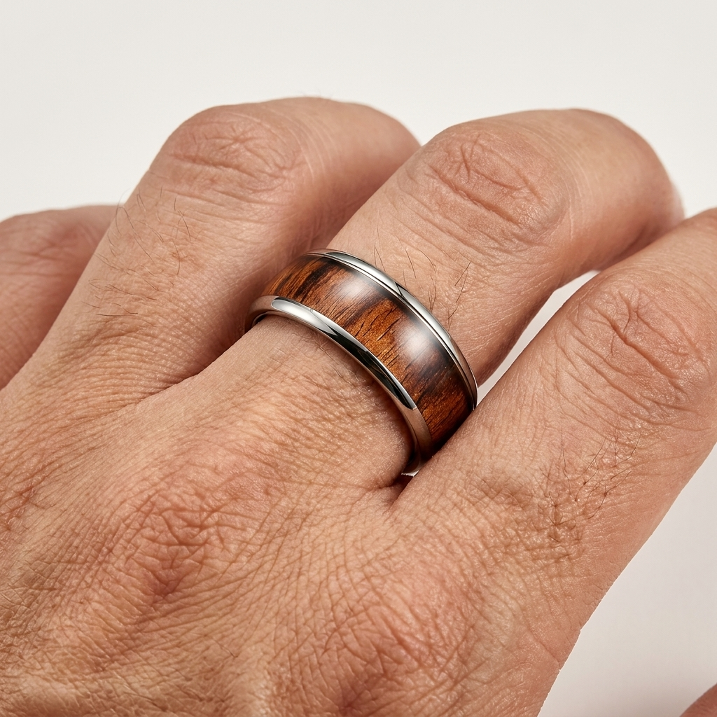 Domed Silver 8mm Tungsten Ring with Deep Redwood Inlay