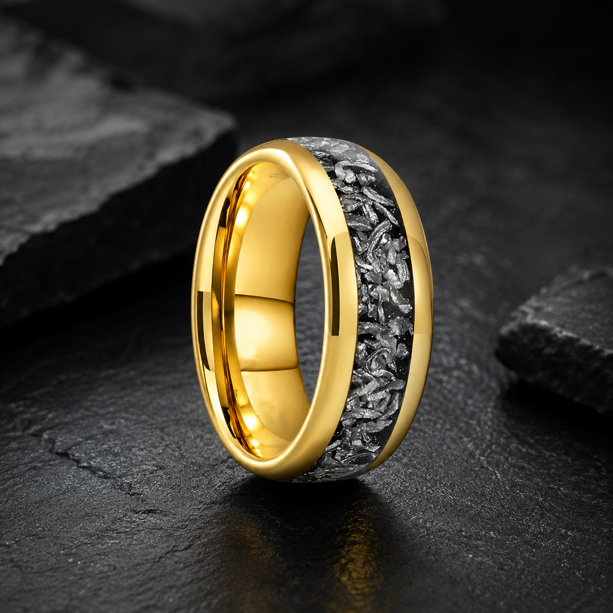 Domed Tungsten Ring with Meteorite Inlay