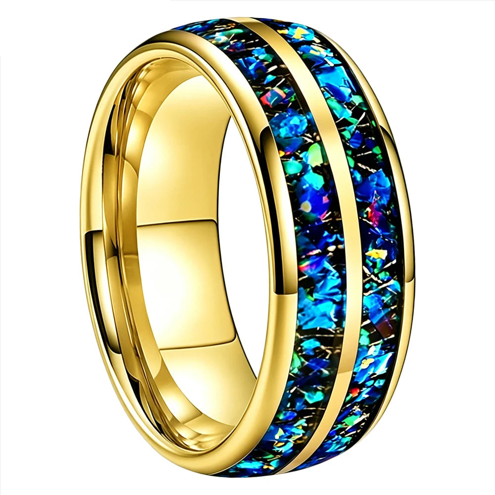 Domed Tungsten Ring with Blue Green Opal Chip Inlay