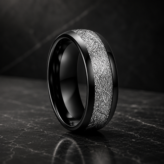 Domed Tungsten Ring with White Meteorite Inlay