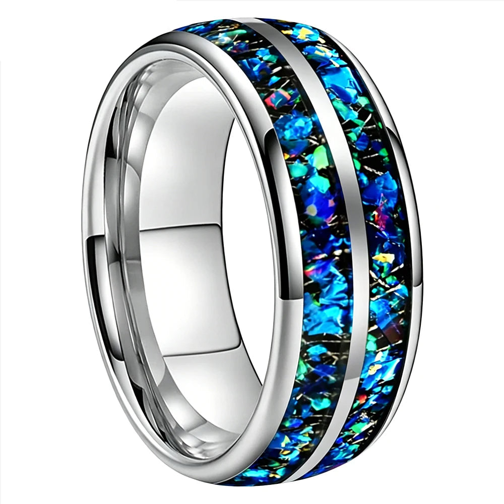 Domed Tungsten Ring with Blue Green Opal Chip Inlay
