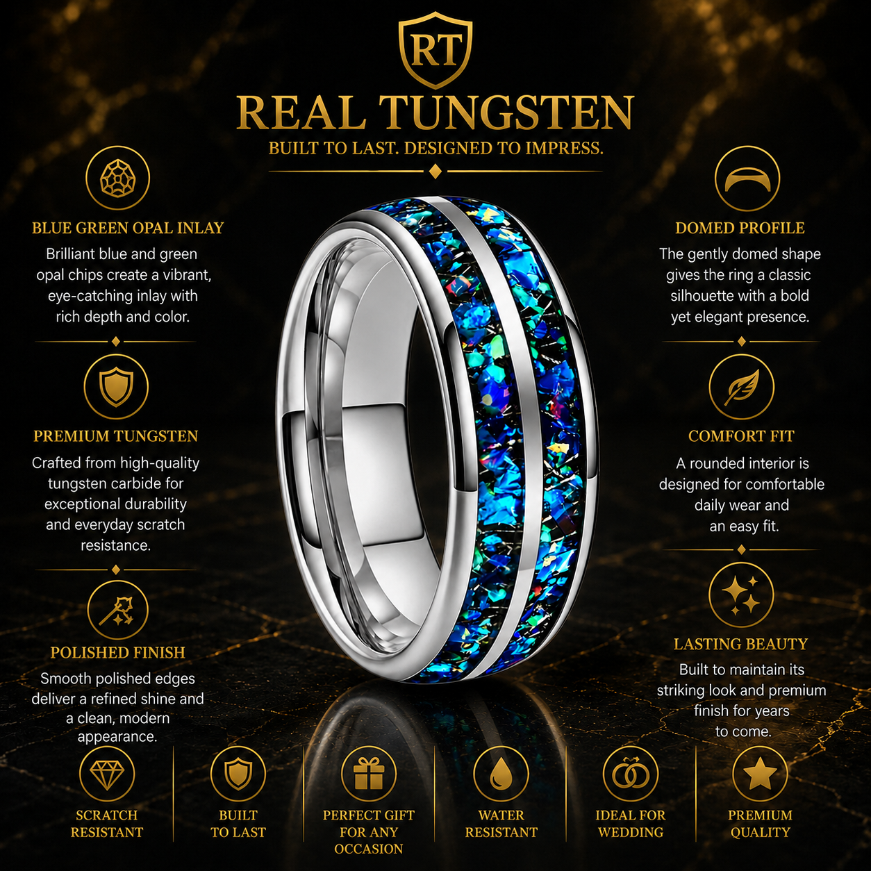 Domed Tungsten Ring with Blue Green Opal Chip Inlay