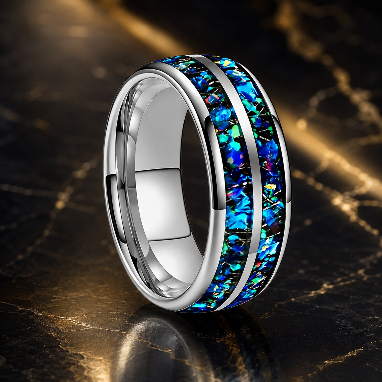Domed Tungsten Ring with Blue Green Opal Chip Inlay