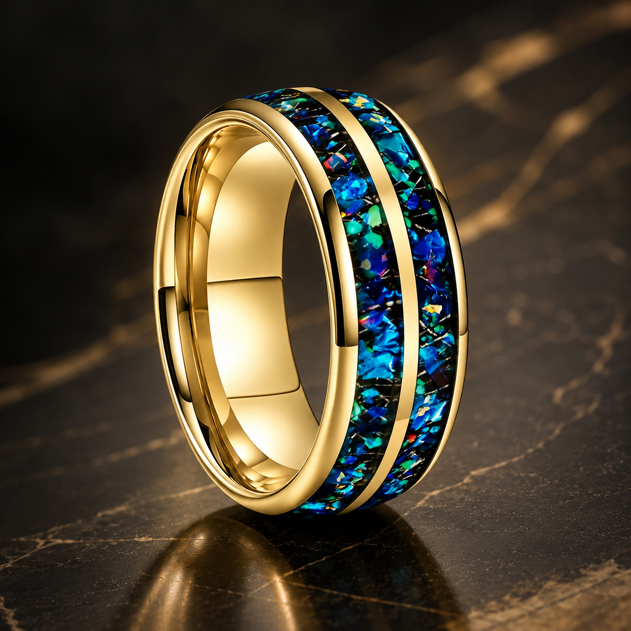 Domed Tungsten Ring with Blue Green Opal Chip Inlay