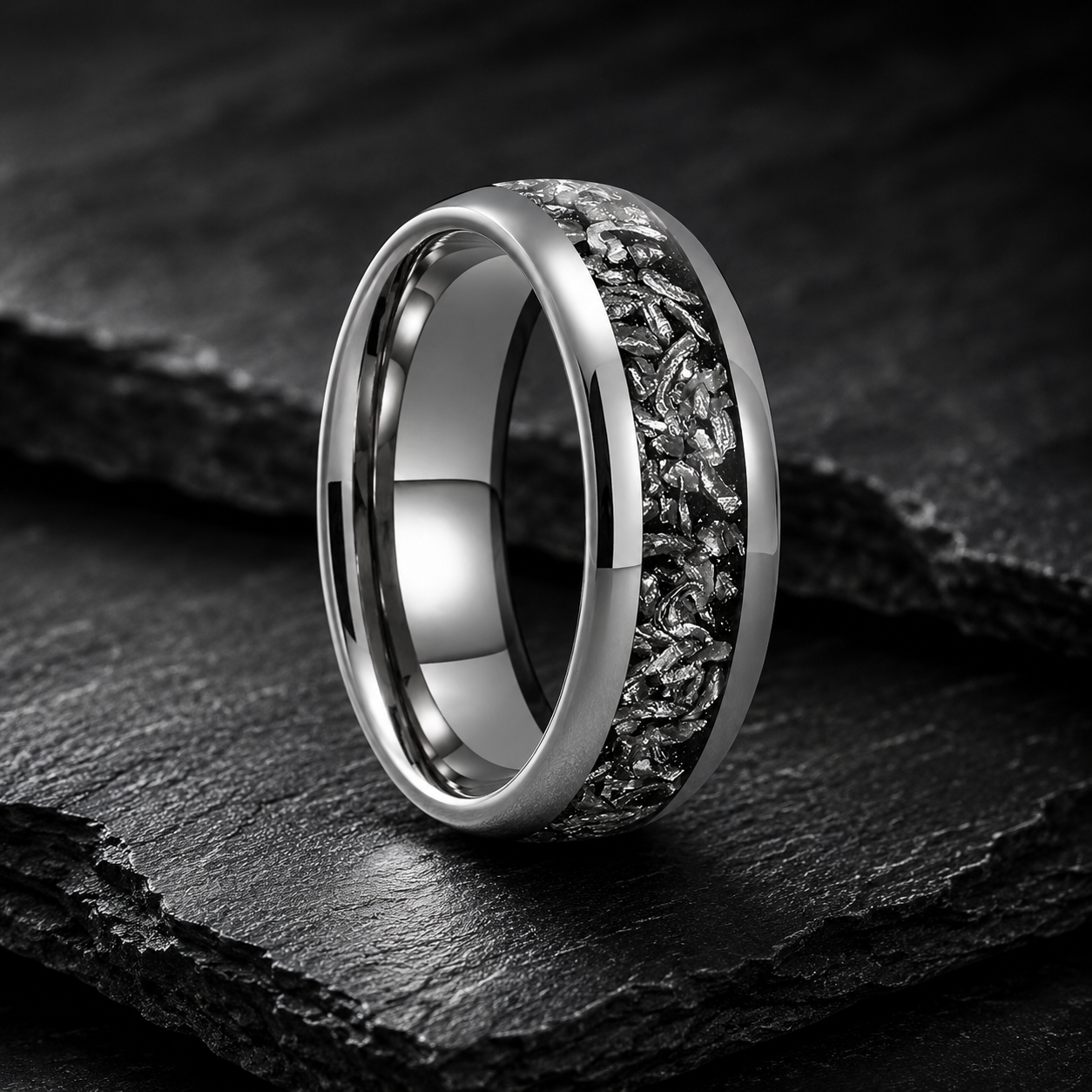 Domed Tungsten Ring with Meteorite Inlay