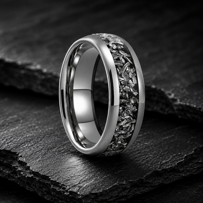 Domed Tungsten Ring with Meteorite Inlay