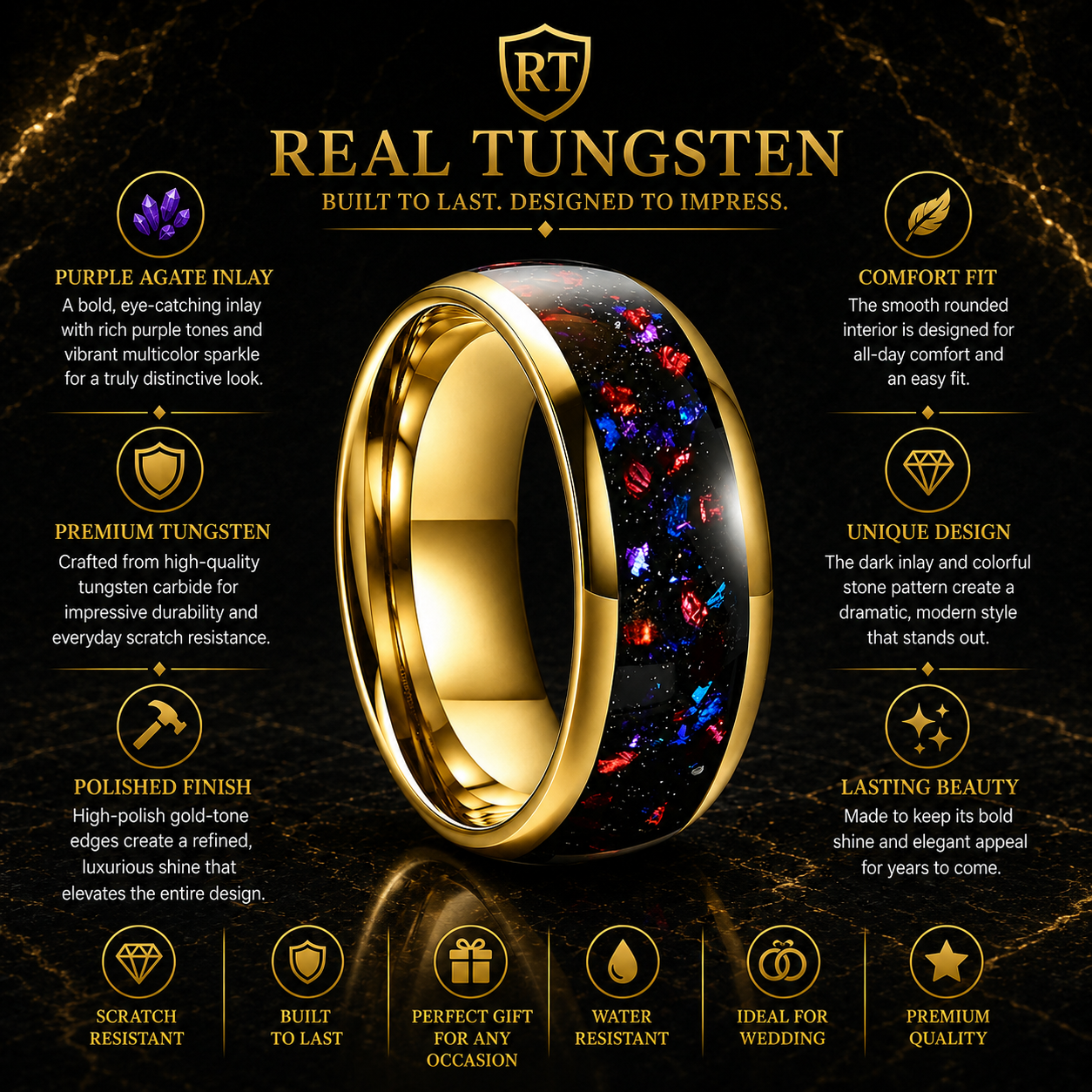 Domed Tungsten Ring with Purple Agate Stone Inlay