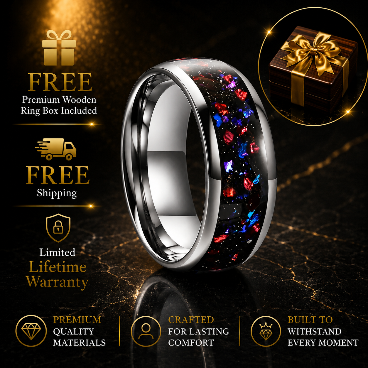 Domed Tungsten Ring with Purple Agate Stone Inlay