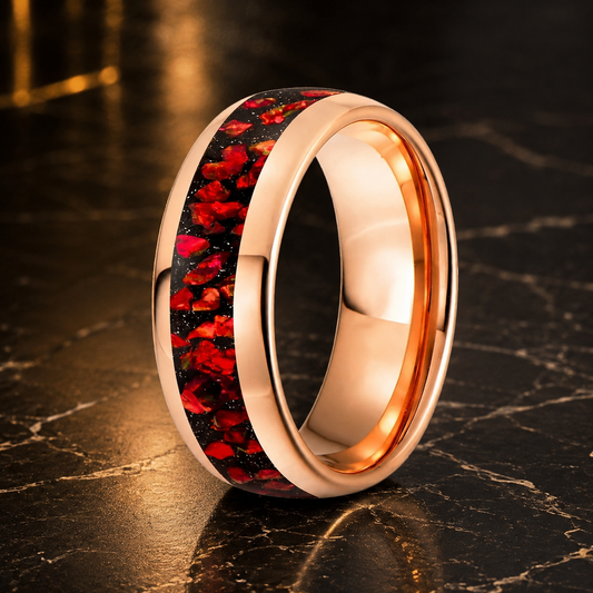 Domed Tungsten Ring with Red Particle Opal Inlay