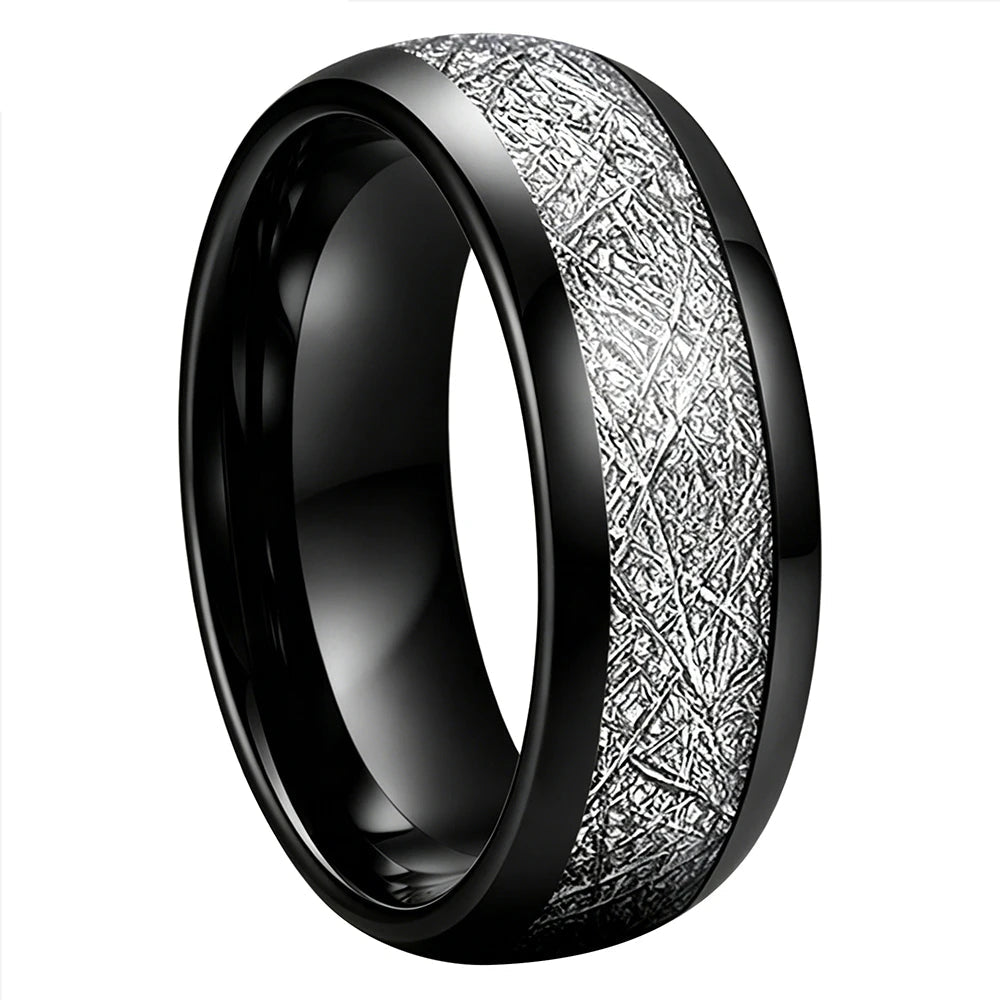 Domed Tungsten Ring with White Meteorite Inlay