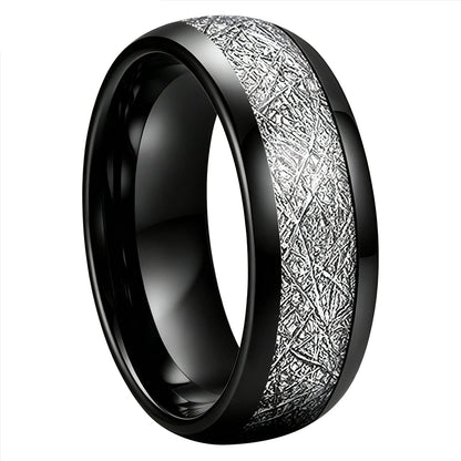 Domed Tungsten Ring with White Meteorite Inlay