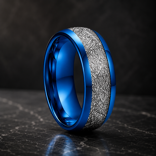 Domed Tungsten Ring with White Meteorite Inlay