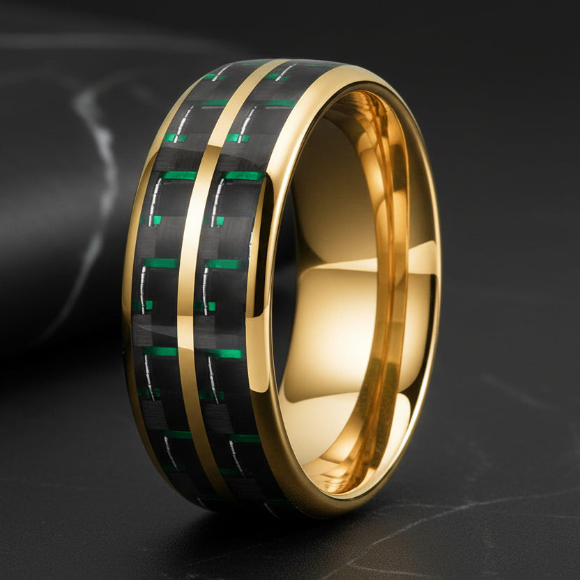 Double Groove Black Green Carbon Fiber Inlay Tungsten Ring