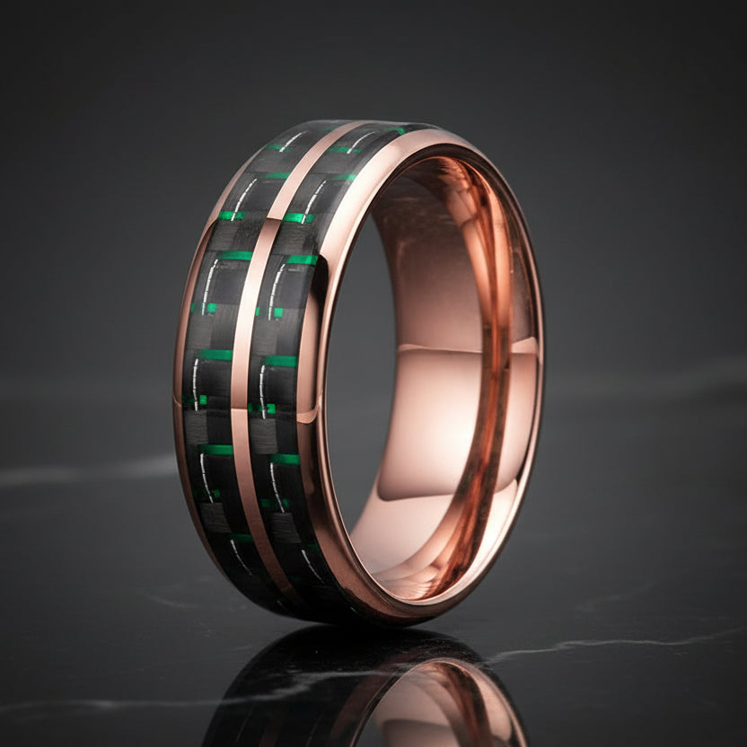 Double Groove Black Green Carbon Fiber Inlay Tungsten Ring