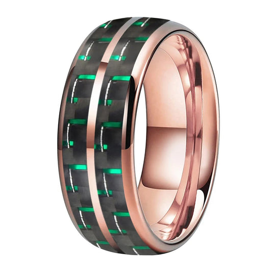 Double Groove Black Green Carbon Fiber Inlay Tungsten Ring