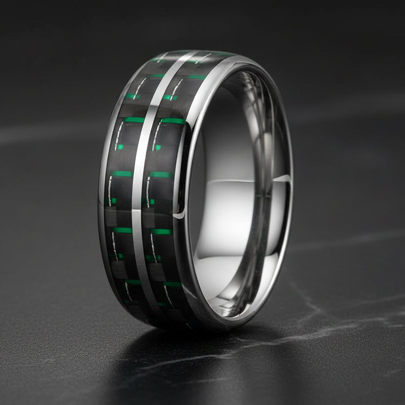 Double Groove Black Green Carbon Fiber Inlay Tungsten Ring