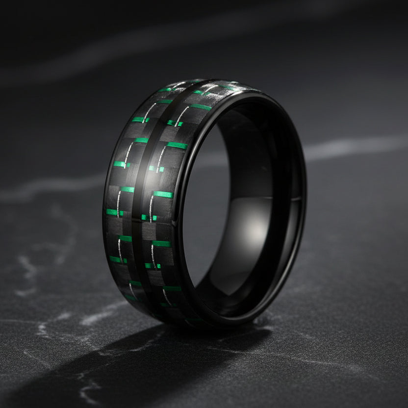 Double Groove Black Green Carbon Fiber Inlay Tungsten Ring