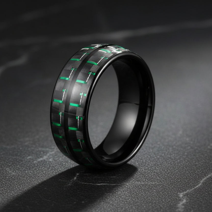 Double_Groove_Black_Green_Carbon_Fiber_Inlay_Tungsten_Ring