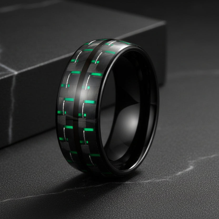 Double_Groove_Black_Green_Carbon_Fiber_Inlay_Tungsten_Ring